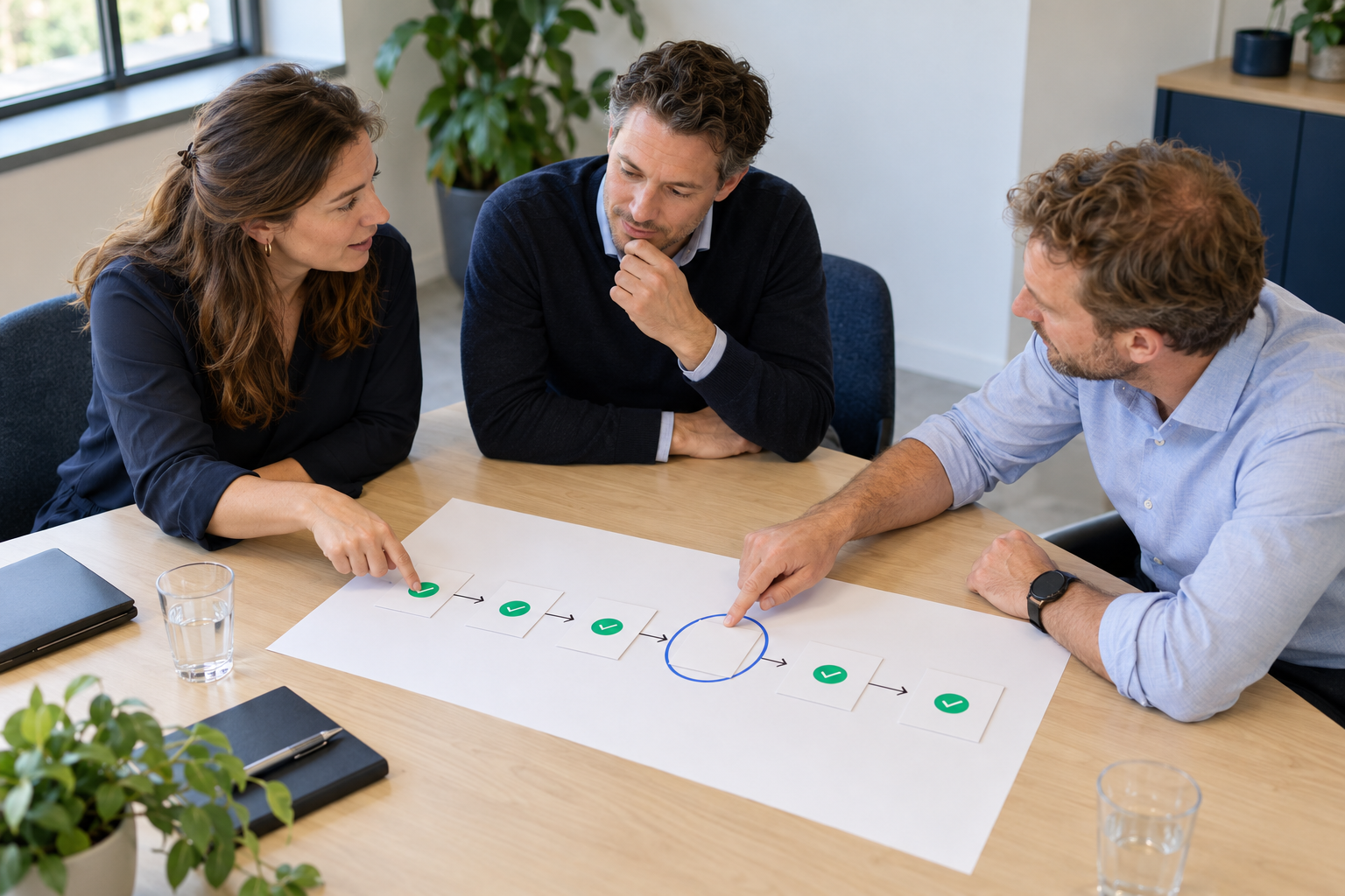 Drie mensen bespreken samen een bedrijfsproces. De goed werkende stappen zijn groen gemarkeerd en één knelpunt wordt gezamenlijk onderzocht.